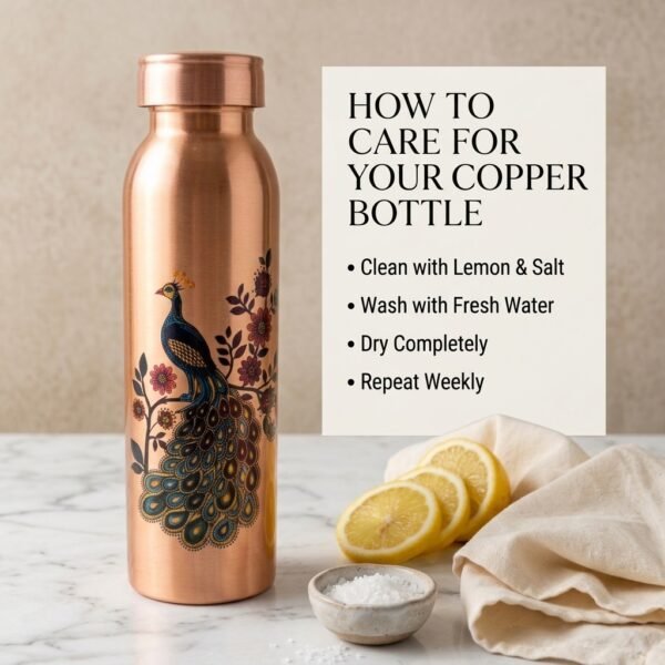 Royal Printed Pure Copper Water Bottle with Peacock Art (950 ml)