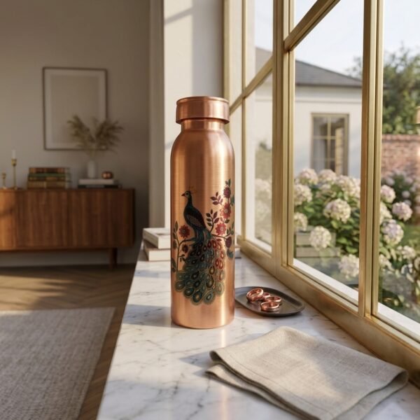 Royal Printed Pure Copper Water Bottle with Peacock Art (950 ml)