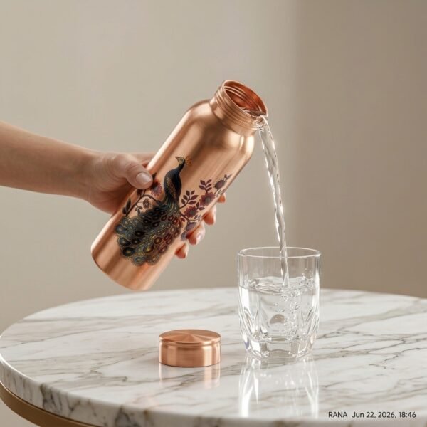 Royal Printed Pure Copper Water Bottle with Peacock Art (950 ml)
