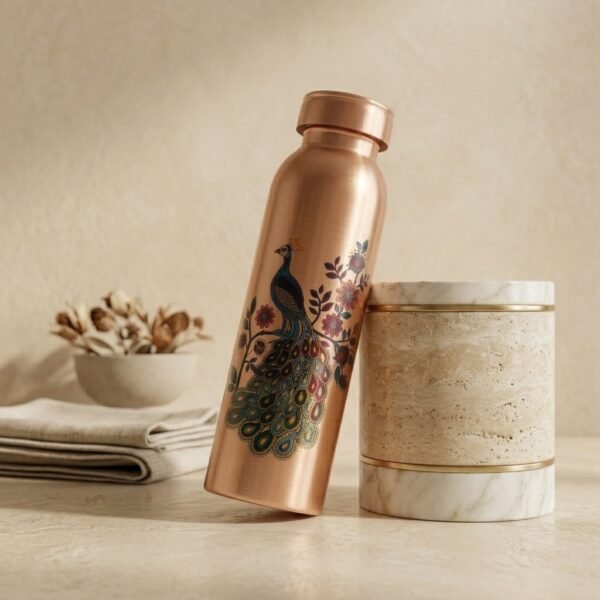 Royal Printed Pure Copper Water Bottle with Peacock Art (950 ml)