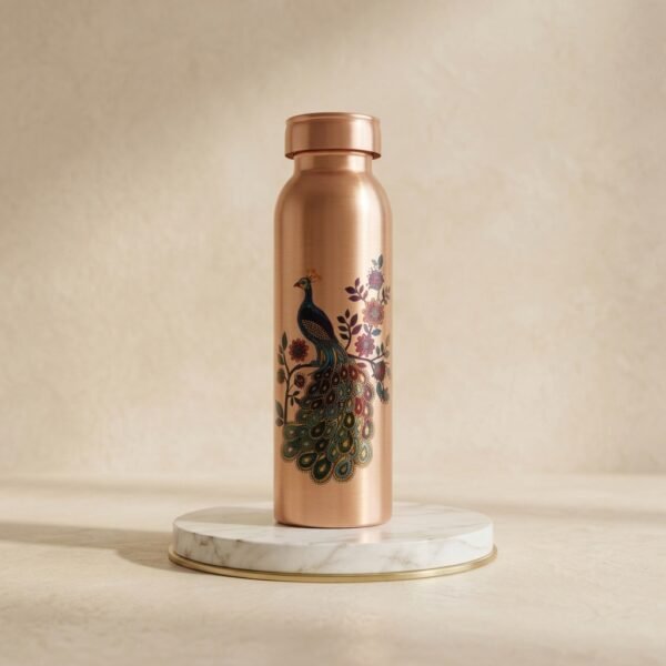 Royal Printed Pure Copper Water Bottle with Peacock Art (950 ml)