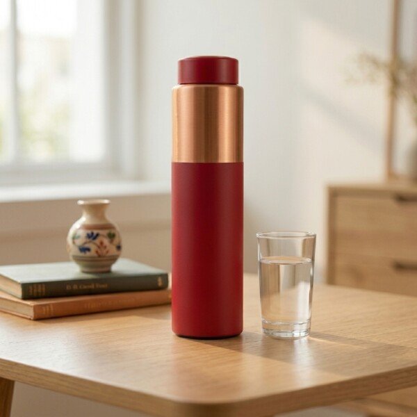 make_it_1_1_202607141210 (2) Royal Matte Crimson Red Pure Copper Water Bottle (1 Liter) – Brushed Copper Accent Band