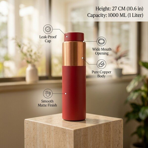 make_it_1_1_202607141210 (8) Royal Matte Crimson Red Pure Copper Water Bottle (1 Liter) – Brushed Copper Accent Band