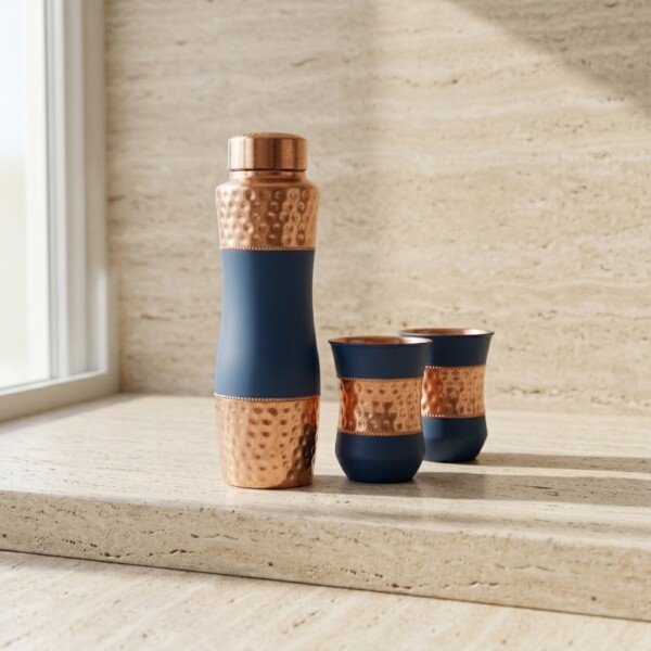 CopperCraft Midnight Blue Pure Copper Water Bottle Set (1 Liter) with 2 Matching Copper Glasses – Dual Finish