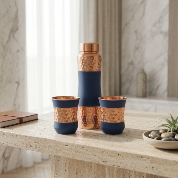 CopperCraft Midnight Blue Pure Copper Water Bottle Set (1 Liter) with 2 Matching Copper Glasses – Dual Finish
