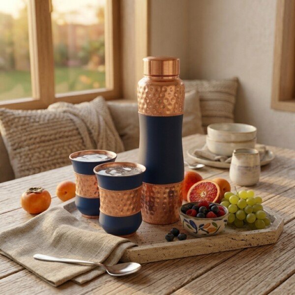 CopperCraft Midnight Blue Pure Copper Water Bottle Set (1 Liter) with 2 Matching Copper Glasses – Dual Finish