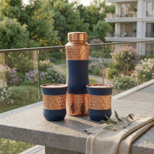 CopperCraft Midnight Blue Pure Copper Water Bottle Set (1 Liter) with 2 Matching Copper Glasses – Dual Finish