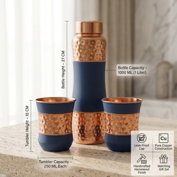 CopperCraft Midnight Blue Pure Copper Water Bottle Set (1 Liter) with 2 Matching Copper Glasses – Dual Finish