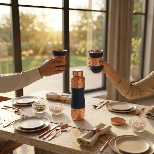 CopperCraft Midnight Blue Pure Copper Water Bottle Set (1 Liter) with 2 Matching Copper Glasses – Dual Finish