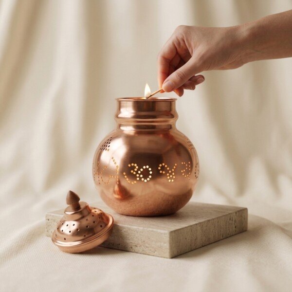 Pure Copper Navratri Garbo (7 Inches / 450g) – Fine Hand-Perforated Jaali Design with Dome Lid