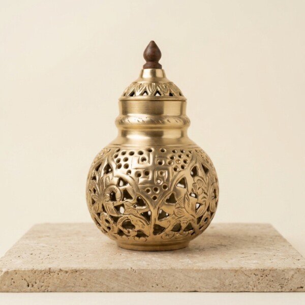 Handcrafted Premium Pure Brass Navratri Garbo (7 Inches / 450g) – Intricate Swastik & Floral Cutout Jaali Work