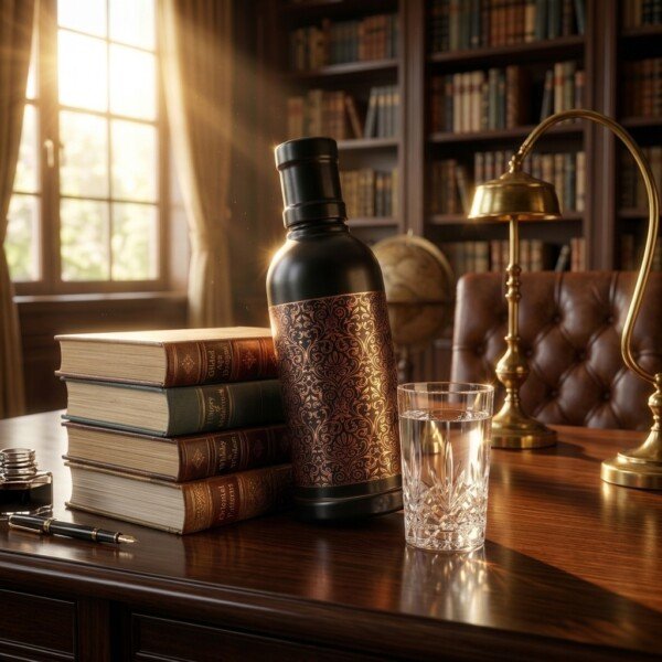 make_it_1__1_202607131326 Royal Matte Black Pure Copper Water Bottle (1 Liter) – Vintage Filigree Engraved Print