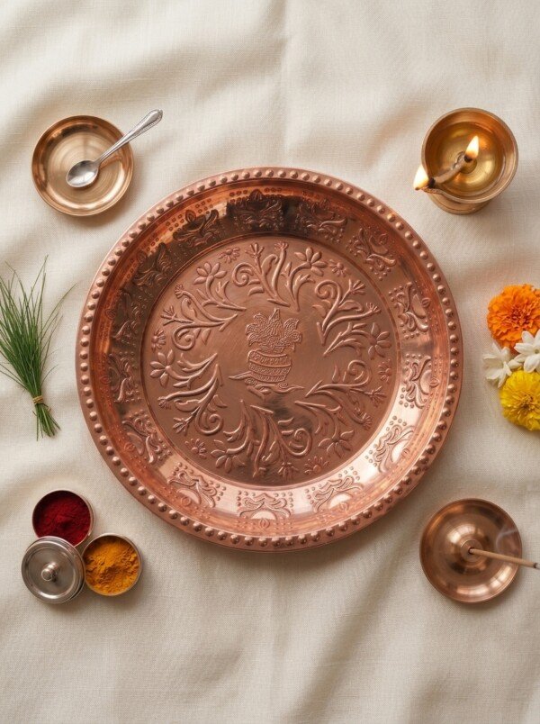 make_it_3_4_202607222307 (2) Handcrafted Pure Metal Puja Thali / Tras – Copper Finish Embossed Kalash & Floral Design (Copy)