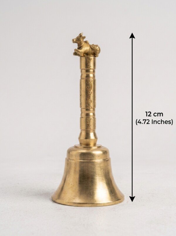 Handcrafted Pure Brass Nandi Pooja Hand Bell (12 cm / 4.72 Inches) – Traditional Carved Brass Ghanti with Nandi Finial Handle