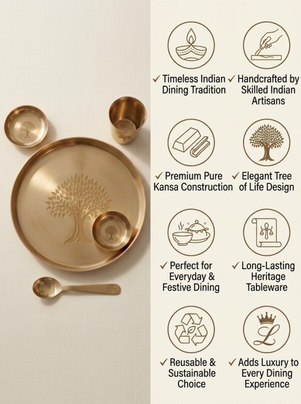make_it_3_4_202607240037 (1) Authentic Handcrafted Pure Kansa Dinner Thali Set (11 Inches / 27.94 cm) – 6-Piece Royal Bell Metal Set with Sacred Tree of Life (Kalpavriksha) Engraving (1 Thali, 1 Curry Bowl, 1 Sweet/Chutney Bowl, 1 Glass, 1 Spoon)