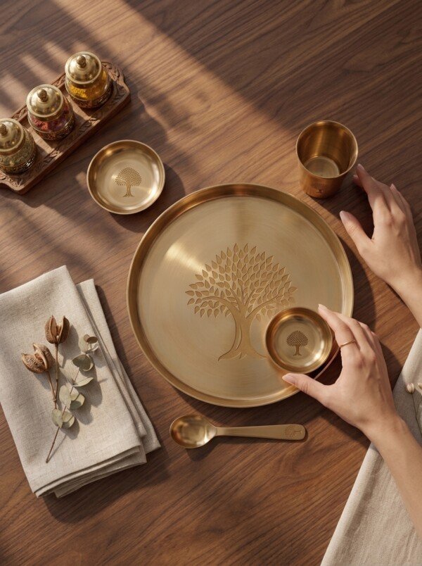 make_it_3_4_202607240037 (3) Authentic Handcrafted Pure Kansa Dinner Thali Set (11 Inches / 27.94 cm) – 6-Piece Royal Bell Metal Set with Sacred Tree of Life (Kalpavriksha) Engraving (1 Thali, 1 Curry Bowl, 1 Sweet/Chutney Bowl, 1 Glass, 1 Spoon)