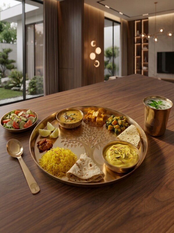 make_it_3_4_202607240038 Authentic Handcrafted Pure Kansa Dinner Thali Set (11 Inches / 27.94 cm) – 6-Piece Royal Bell Metal Set with Sacred Tree of Life (Kalpavriksha) Engraving (1 Thali, 1 Curry Bowl, 1 Sweet/Chutney Bowl, 1 Glass, 1 Spoon)