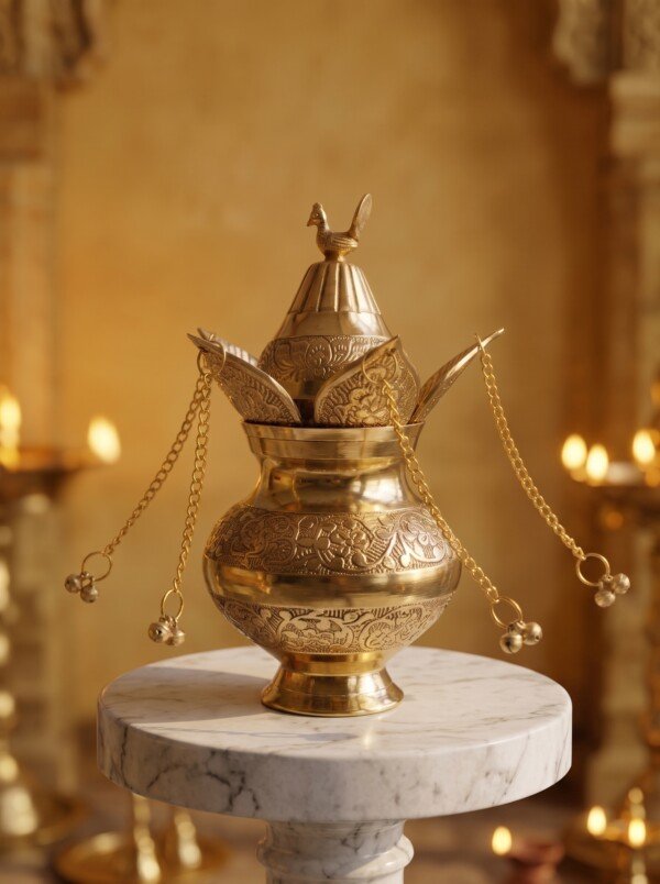 Craft Antique Fine-Engraved Pure Brass Mangal Kalash Set – Featuring Fixed Mango Leaves, Peacock Nariyal Lid & Hanging Ghungroo Chains