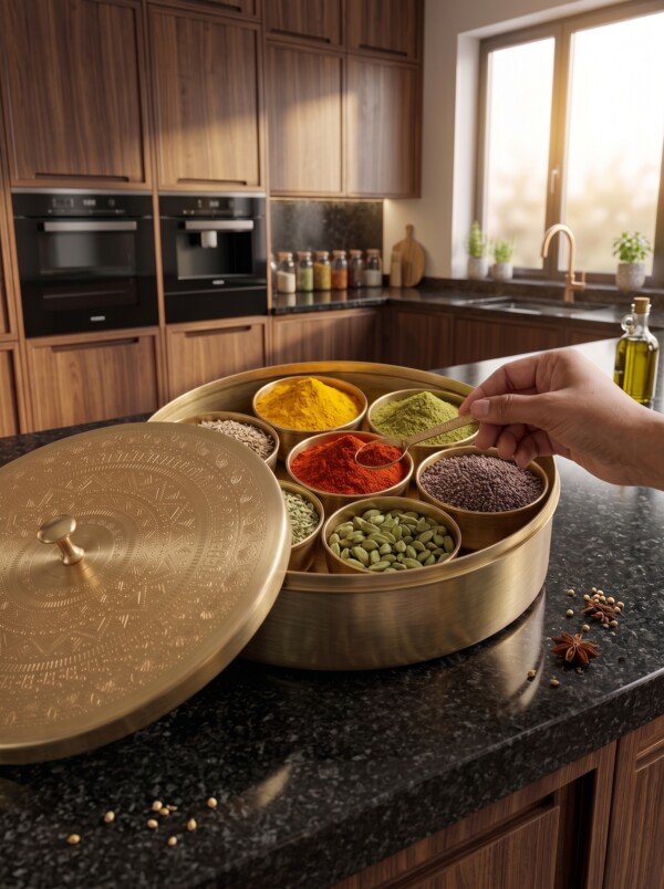 make_it_3_4_2K_202607232004 (4) Handcrafted Pure Brass Masala Dabba (Masaliyu) – Royal Spice Box Set with 7 Inner Cups, Engraved Lid & Brushed Matte Gold Finish