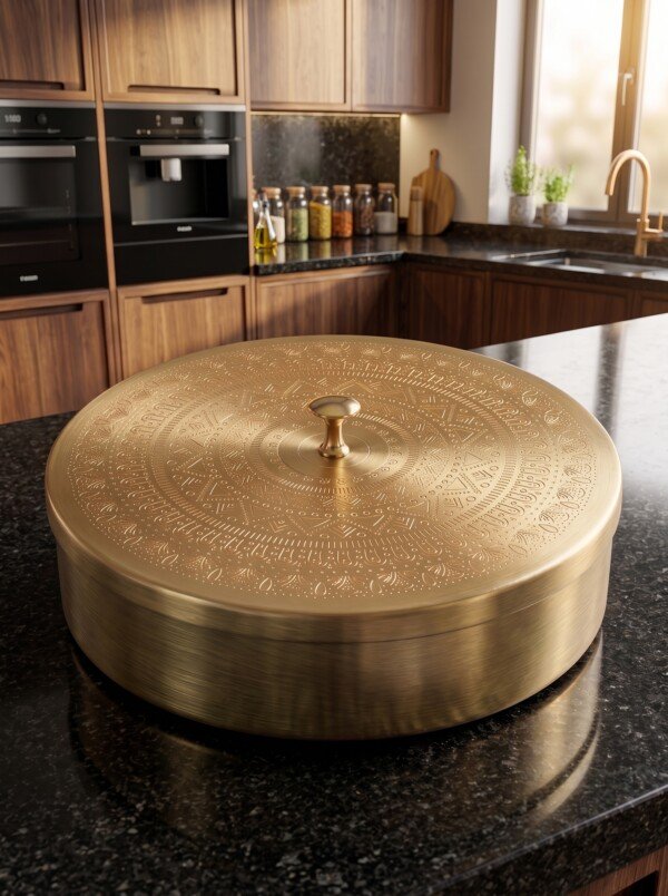 make_it_3_4_2K_202607232004 (7) Handcrafted Pure Brass Masala Dabba (Masaliyu) – Royal Spice Box Set with 7 Inner Cups, Engraved Lid & Brushed Matte Gold Finish