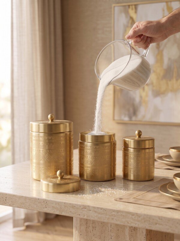 make_it_3_4_2K_202607232043 (1) Luxury Handcrafted Pure Brass Kitchen Canister Jars (Set of 3 - Small, Medium, Large) – Matte Gold Finish with Traditional Geometric Relief Engravings & Ball Knob Lids