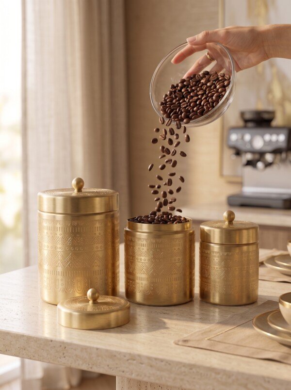 make_it_3_4_2K_202607232043 (2) Luxury Handcrafted Pure Brass Kitchen Canister Jars (Set of 3 - Small, Medium, Large) – Matte Gold Finish with Traditional Geometric Relief Engravings & Ball Knob Lids
