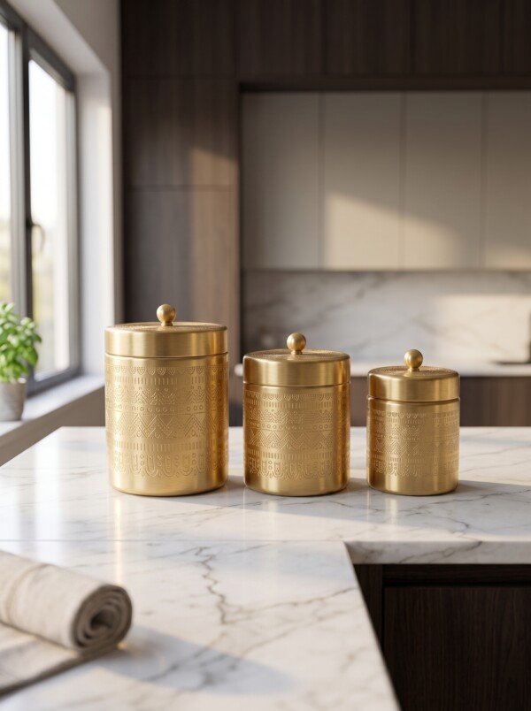 make_it_3_4_2K_202607232043 Luxury Handcrafted Pure Brass Kitchen Canister Jars (Set of 3 - Small, Medium, Large) – Matte Gold Finish with Traditional Geometric Relief Engravings & Ball Knob Lids