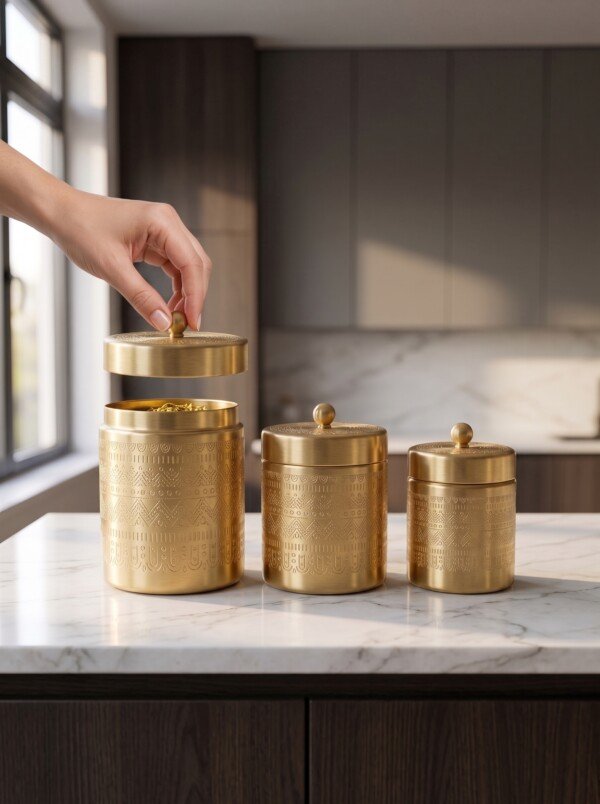 make_it_3_4_2K_202607232044 (1) Luxury Handcrafted Pure Brass Kitchen Canister Jars (Set of 3 - Small, Medium, Large) – Matte Gold Finish with Traditional Geometric Relief Engravings & Ball Knob Lids