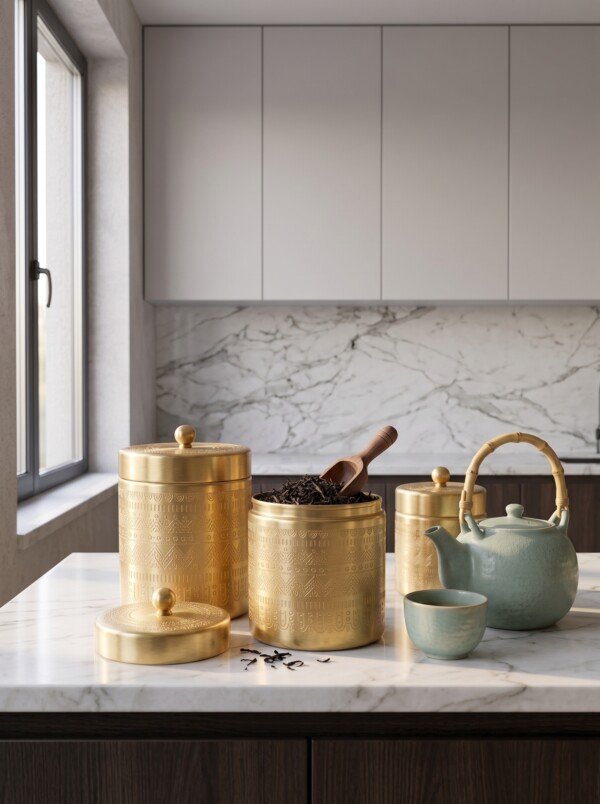 make_it_3_4_2K_202607232044 (2) Luxury Handcrafted Pure Brass Kitchen Canister Jars (Set of 3 - Small, Medium, Large) – Matte Gold Finish with Traditional Geometric Relief Engravings & Ball Knob Lids