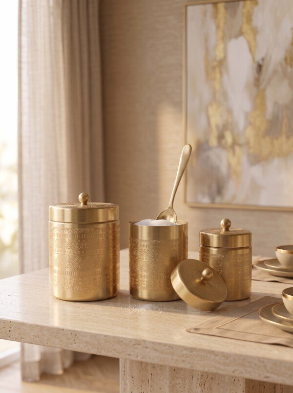 make_it_3_4_2K_202607232044 Luxury Handcrafted Pure Brass Kitchen Canister Jars (Set of 3 - Small, Medium, Large) – Matte Gold Finish with Traditional Geometric Relief Engravings & Ball Knob Lids