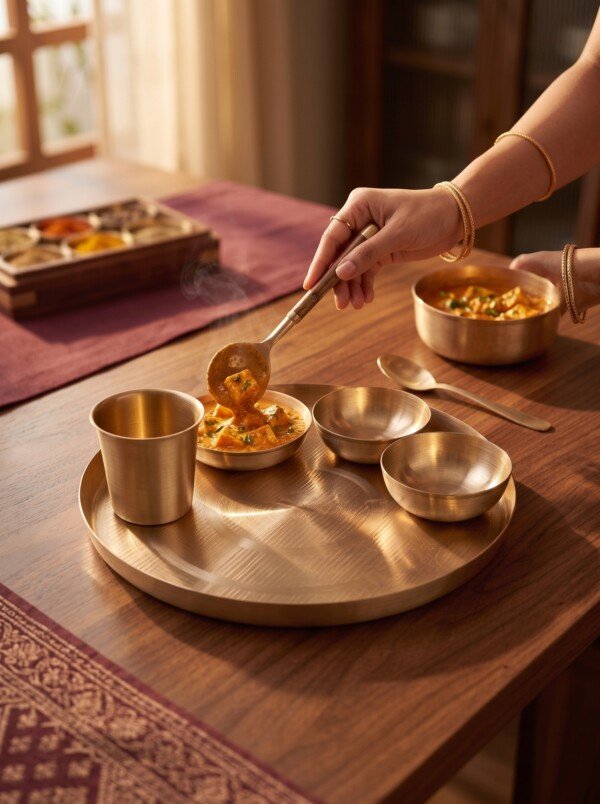 Authentic Handcrafted Pure Kansa Dinner Thali Set (11 Inches / 27.94 cm) – 6-Piece Traditional Bell Metal Dining Set (1 Thali, 2 Bowls, 1 Sweet Dish Bowl, 1 Glass, 1 Spoon)