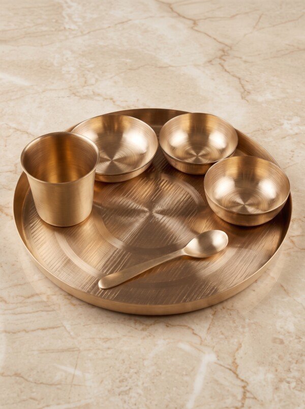 Authentic Handcrafted Pure Kansa Dinner Thali Set (11 Inches / 27.94 cm) – 6-Piece Traditional Bell Metal Dining Set (1 Thali, 2 Bowls, 1 Sweet Dish Bowl, 1 Glass, 1 Spoon)
