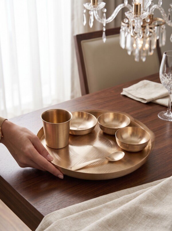 Authentic Handcrafted Pure Kansa Dinner Thali Set (11 Inches / 27.94 cm) – 6-Piece Traditional Bell Metal Dining Set (1 Thali, 2 Bowls, 1 Sweet Dish Bowl, 1 Glass, 1 Spoon)
