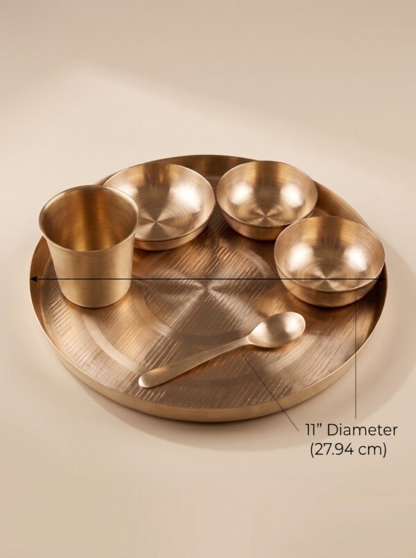 Authentic Handcrafted Pure Kansa Dinner Thali Set (11 Inches / 27.94 cm) – 6-Piece Traditional Bell Metal Dining Set (1 Thali, 2 Bowls, 1 Sweet Dish Bowl, 1 Glass, 1 Spoon)