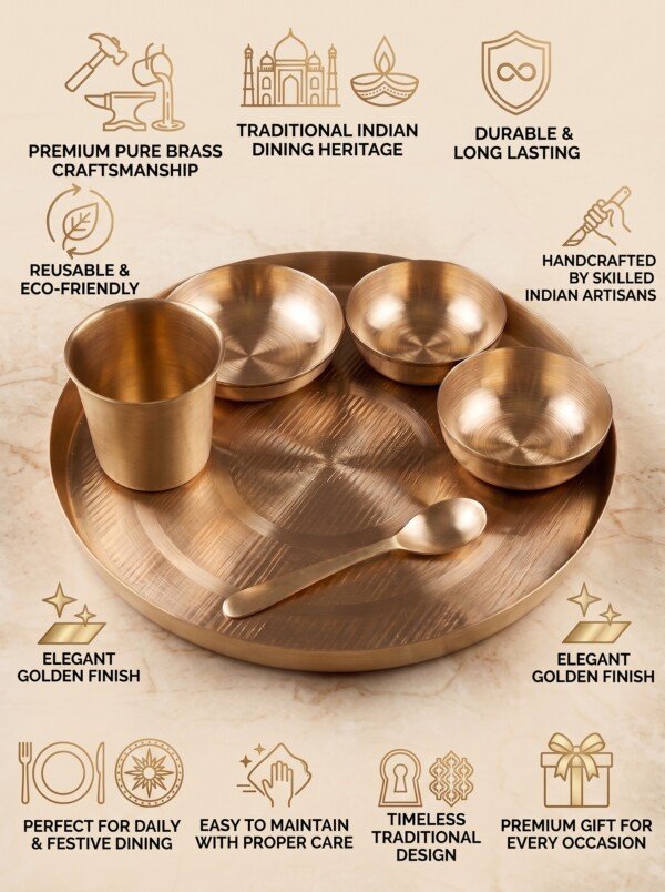 Authentic Handcrafted Pure Kansa Dinner Thali Set (11 Inches / 27.94 cm) – 6-Piece Traditional Bell Metal Dining Set (1 Thali, 2 Bowls, 1 Sweet Dish Bowl, 1 Glass, 1 Spoon)