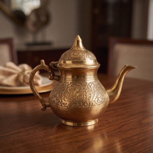 Royal Handcrafted Pure Brass Tea Kettle (Teapot / Ketli) – Vintage Antique Finish with Intricate Peacock & Floral Engravings, Curved Handle & Dome Lid