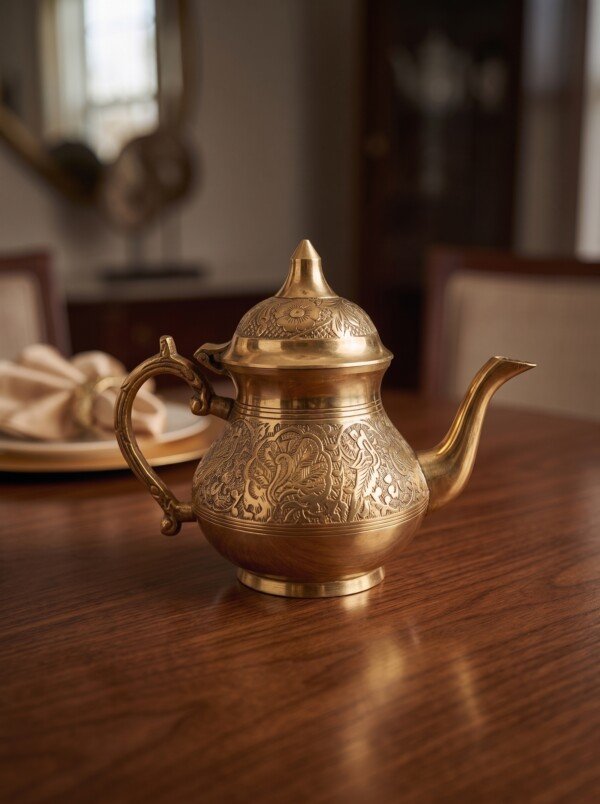 make_it_3_4_2K_202607232342 Royal Handcrafted Pure Brass Tea Kettle (Teapot / Ketli) – Vintage Antique Finish with Intricate Peacock & Floral Engravings, Curved Handle & Dome Lid