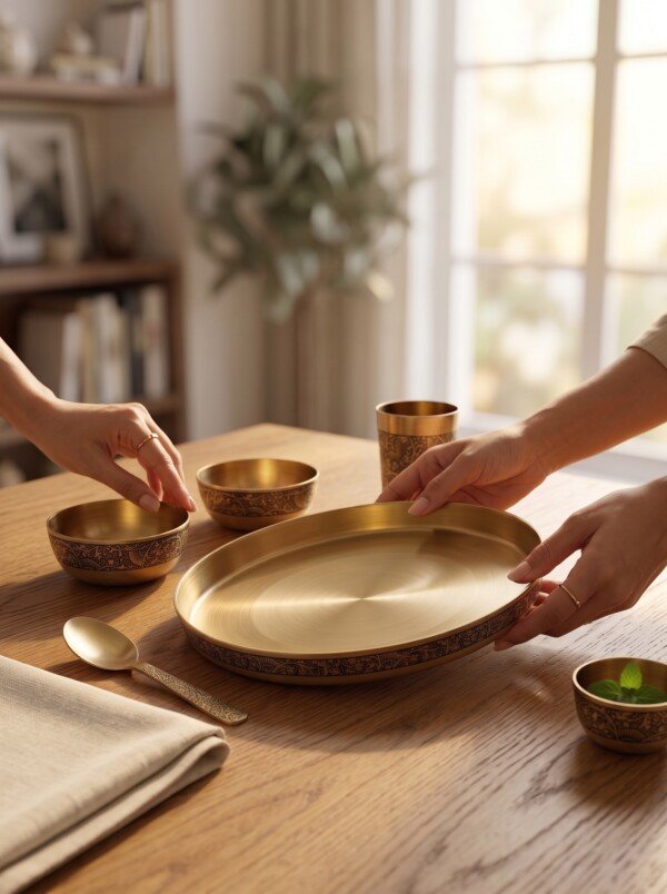 Authentic Handcrafted Pure Kansa Dinner Thali Set (11 Inches / 27.9 cm) – 6-Piece Royal Bell Metal Set with Antique Floral Laser Engraved Borders (1 Thali, 2 Curry Bowls, 1 Sweet Dish Bowl, 1 Glass, 1 Spoon)