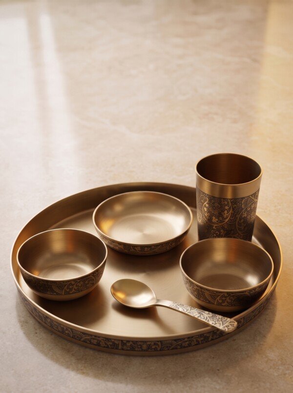 Authentic Handcrafted Pure Kansa Dinner Thali Set (11 Inches / 27.9 cm) – 6-Piece Royal Bell Metal Set with Antique Floral Laser Engraved Borders (1 Thali, 2 Curry Bowls, 1 Sweet Dish Bowl, 1 Glass, 1 Spoon)