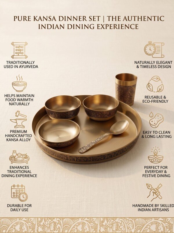 Authentic Handcrafted Pure Kansa Dinner Thali Set (11 Inches / 27.9 cm) – 6-Piece Royal Bell Metal Set with Antique Floral Laser Engraved Borders (1 Thali, 2 Curry Bowls, 1 Sweet Dish Bowl, 1 Glass, 1 Spoon)
