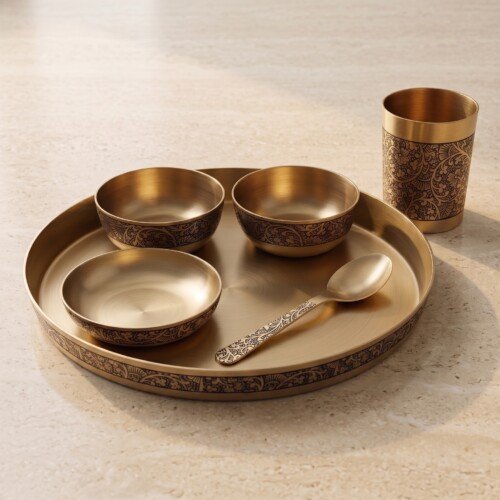 Authentic Handcrafted Pure Kansa Dinner Thali Set (11 Inches / 27.9 cm) – 6-Piece Royal Bell Metal Set with Antique Floral Laser Engraved Borders (1 Thali, 2 Curry Bowls, 1 Sweet Dish Bowl, 1 Glass, 1 Spoon)