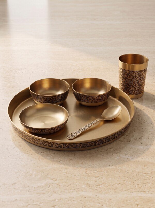 Authentic Handcrafted Pure Kansa Dinner Thali Set (11 Inches / 27.9 cm) – 6-Piece Royal Bell Metal Set with Antique Floral Laser Engraved Borders (1 Thali, 2 Curry Bowls, 1 Sweet Dish Bowl, 1 Glass, 1 Spoon)
