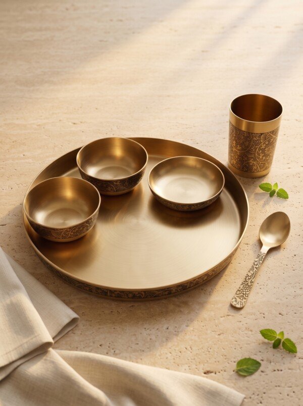 Authentic Handcrafted Pure Kansa Dinner Thali Set (11 Inches / 27.9 cm) – 6-Piece Royal Bell Metal Set with Antique Floral Laser Engraved Borders (1 Thali, 2 Curry Bowls, 1 Sweet Dish Bowl, 1 Glass, 1 Spoon)