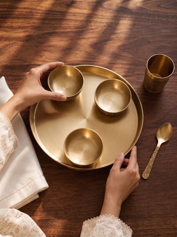 Authentic Handcrafted Pure Kansa Dinner Thali Set (11 Inches / 27.9 cm) – 6-Piece Royal Bell Metal Set with Antique Floral Laser Engraved Borders (1 Thali, 2 Curry Bowls, 1 Sweet Dish Bowl, 1 Glass, 1 Spoon)