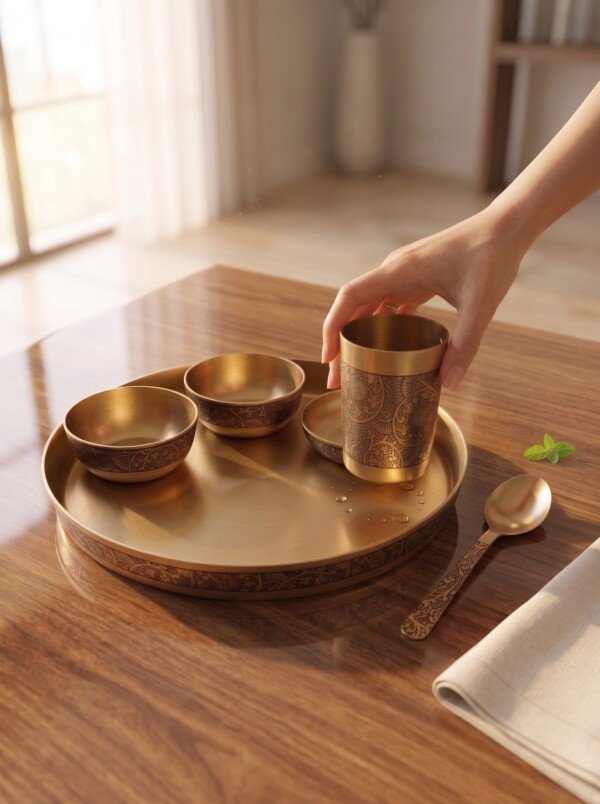 Authentic Handcrafted Pure Kansa Dinner Thali Set (11 Inches / 27.9 cm) – 6-Piece Royal Bell Metal Set with Antique Floral Laser Engraved Borders (1 Thali, 2 Curry Bowls, 1 Sweet Dish Bowl, 1 Glass, 1 Spoon)