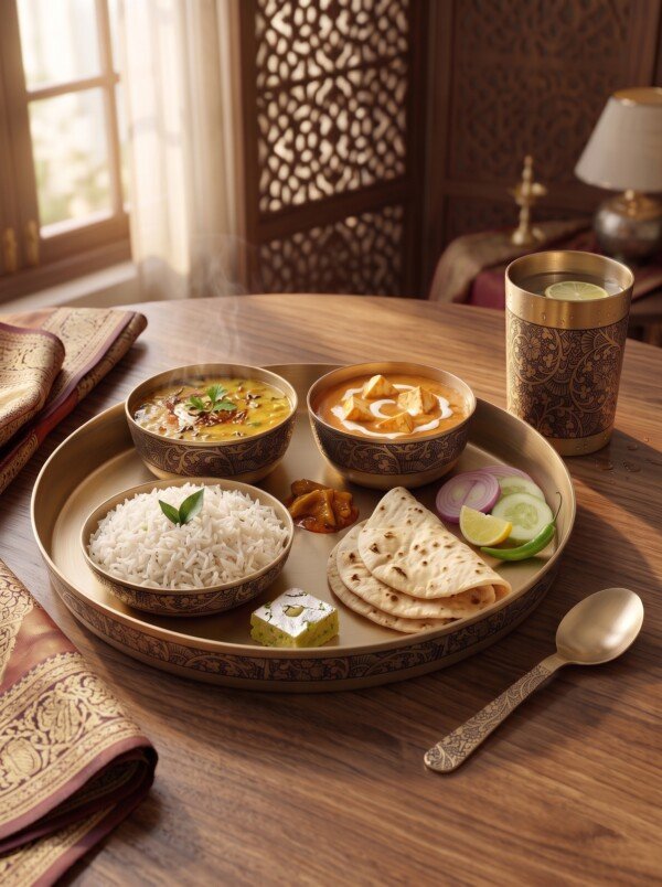 Authentic Handcrafted Pure Kansa Dinner Thali Set (11 Inches / 27.9 cm) – 6-Piece Royal Bell Metal Set with Antique Floral Laser Engraved Borders (1 Thali, 2 Curry Bowls, 1 Sweet Dish Bowl, 1 Glass, 1 Spoon)