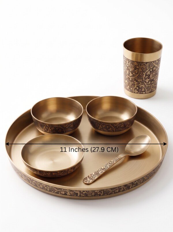 Authentic Handcrafted Pure Kansa Dinner Thali Set (11 Inches / 27.9 cm) – 6-Piece Royal Bell Metal Set with Antique Floral Laser Engraved Borders (1 Thali, 2 Curry Bowls, 1 Sweet Dish Bowl, 1 Glass, 1 Spoon)