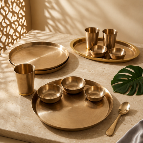Authentic Handcrafted Pure Kansa Dinner Thali Set (11 Inches / 27.9 cm) – 6-Piece Royal Bell Metal Set with Antique Floral Laser Engraved Borders (1 Thali, 2 Curry Bowls, 1 Sweet Dish Bowl, 1 Glass, 1 Spoon)